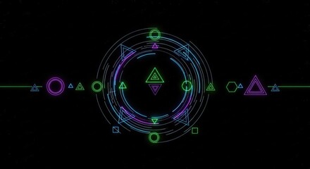 Futuristic digital interface with glowing geometric shapes and circular HUD elements on a black background.