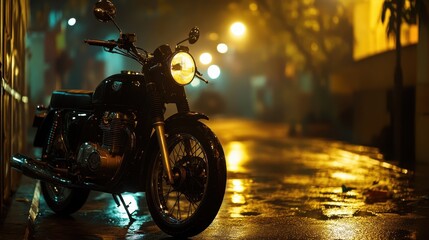 A nighttime scene of a Royal Enfield illuminated by streetlights in an urban setting with glowing accents