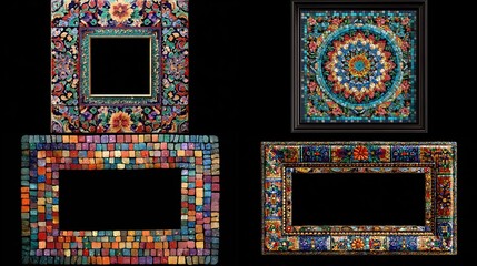 Four ornate picture frames with intricate mosaic and floral designs, each enclosing a black void