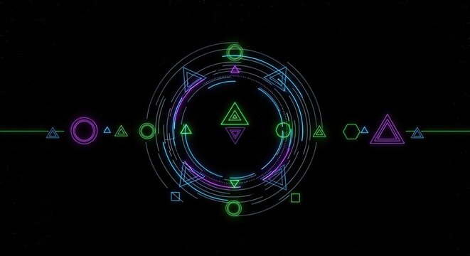 Futuristic digital interface with glowing geometric shapes and circular HUD elements on a black background. - Powered by Adobe