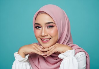 A joyful Muslimah woman in a pink hijab, resting her chin on her clasped hands and smiling.