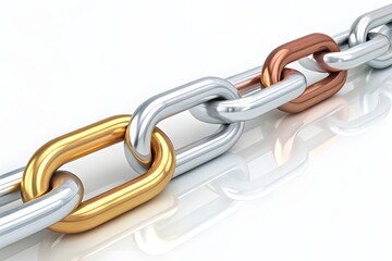 Strong Metal Chain With Silver Gold And Bronze Links Connected Together Representing Strength Unity Security And Industrial Connection