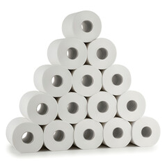 "Set of paper tissue rolls stacked in pyramid formation, isolated on pure white background, sharp focus"

