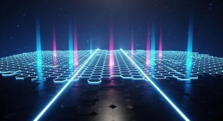 Neon blue and pink light beams rise from a glowing hexagonal grid in a dark, abstract technological environment.