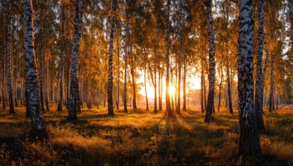 Obraz premium Golden sunlight filters through a dense birch forest, casting long shadows and illuminating the ground with a warm, ethereal glow.