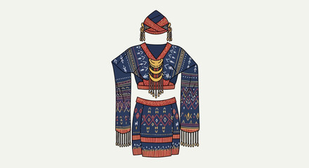 Vibrant Traditional Ethnic Costume Illustration with Intricate Patterns and Headpiece, Cultural Attire Design