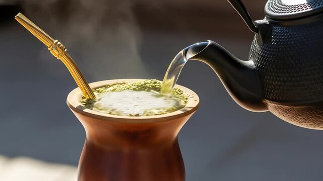 Enjoying yerba mate tea: traditional south american drink being prepared with hot water kettle video 4k Video 4k