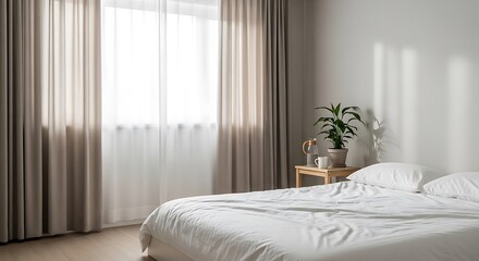 Minimalist bedroom interior with natural light shining through curtains, creating a cozy ambiance
