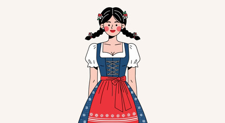 Fototapeta premium Smiling Woman in Traditional Bavarian Dirndl Dress. Flat Illustration of German Folk Costume Character.