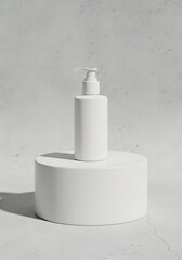 Minimalist skincare product presentation featuring a white bottle on a cylinder platform