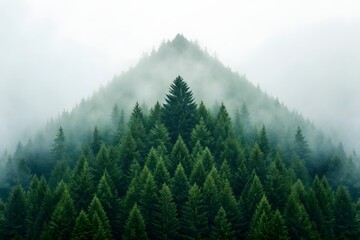 Fototapeta premium Dense Evergreen Forest Forming Symmetrical Triangle Shape Surrounded By Misty Fog Creating Scenic And Serene Nature Landscape