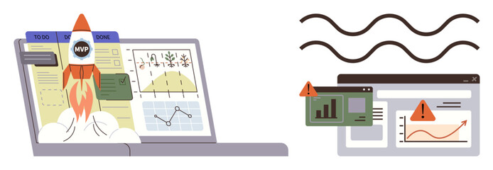 Rocket launching from a laptop, representing product success, alongside charts, data errors, and analytics visuals. Ideal for innovation, data-driven strategy, business growth, leadership risk