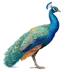 Obraz premium Beautiful male peacock standing proudly isolated on white background