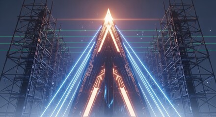 A glowing futuristic triangular structure emitting vibrant blue and orange light beams, framed by tall industrial scaffolding.