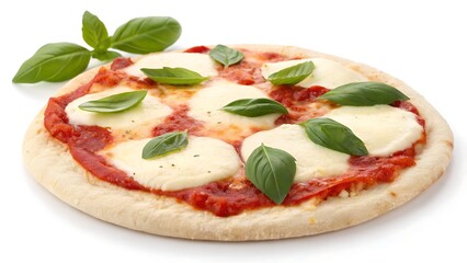 A margherita pizza with fresh basil leaves on a white background ready to be served and enjoyed now