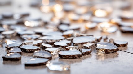 Broken glass shards, light reflecting