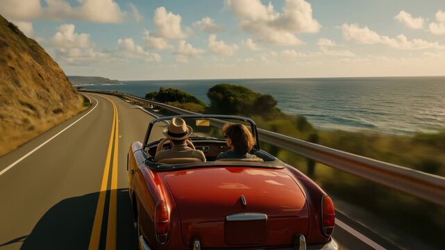 Aerial video captures a vintage convertible driving along a coastal road, with a scenic ocean view and a couple enjoying the ride. Live desktop wallpaper.