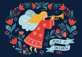 A Serene Angel with Golden Trumpet Delivers a Message of Peace on Earth Amidst a Beautiful Floral Wreath