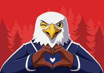 A Majestic Eagle with a Winking Eye and Heart Hands Gesturing Love and Patriotism Against a Vibrant Red Forest Background