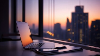 Laptop On Desk With Cityscape View At Sunset