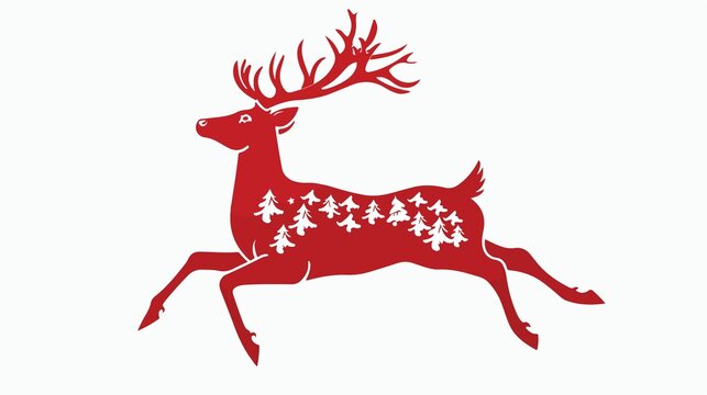 A red reindeer with trees on its body running right