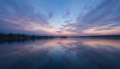 Obraz premium Calm river reflecting pastel evening sky