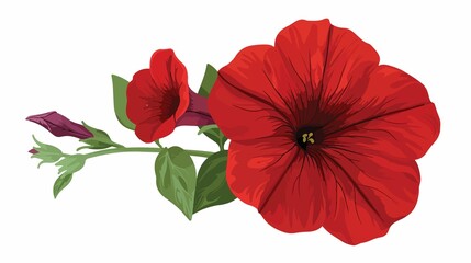 A vibrant red petunia blossom with green foliage