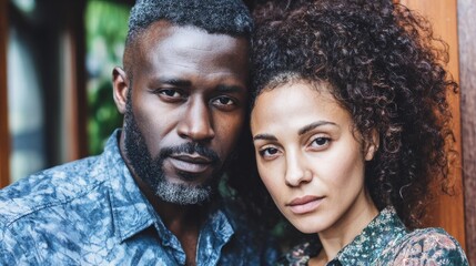Multiethnic couple sharing a warm moment, natural background blurred with soft side light.
