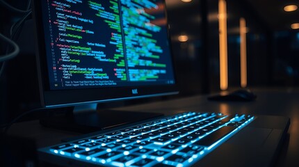 a computer screen displaying lines of program code in futuristic neon blue lighting