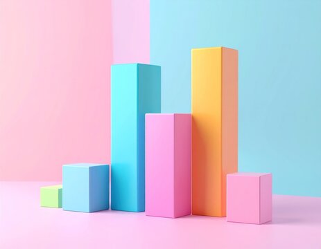 Colorful 3D Bar Chart Columns Ascending from a Minimal Pastel Background Displaying Business Growth