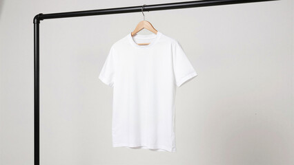 White shirt on hanger hanging on industrial clothes rack, side view
