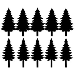 Fototapeta premium Pattern of ten identical black pine tree silhouettes arranged in two rows on a white background