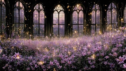 Magical Glowing Purple And Pink Flowers In Gothic Windows