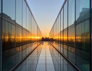 Glass And Steel Corridor Leading To Sunset Horizon With Symmetrical Reflection