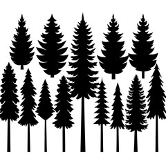 Fototapeta premium Collection of various evergreen tree silhouettes in a forest landscape silhouette