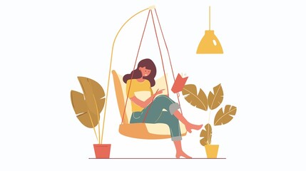 Relaxing at home with a captivating book in a cozy swing chair surrounded by lush houseplants