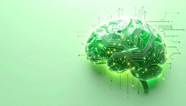 Glowing Green AI Brain Neural Network on Pastel Green Background - Powered by Adobe
