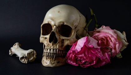 Obraz premium Human Skull and Wilting Pink Rose in a Dramatic Still Life on Dark Background