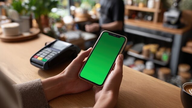 Person holds a mobile device with a green screen near a payment terminal in a modern cafe setting, suggesting a seamless digital transaction.