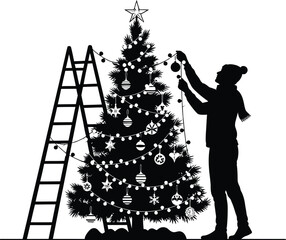 Vector art of a person is decorating a christmas tree with ornaments and lights, isolated on white background