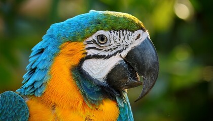 close up of a vibrant blue and yellow macaw parrot in a natural green setting