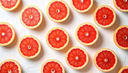 Overhead Arrangement Of Red Grapefruit Slices On Textured White Background