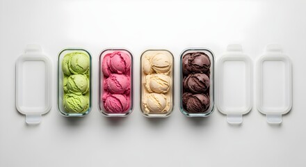 Assortment of delicious ice cream scoops in glass containers, ready for freezing