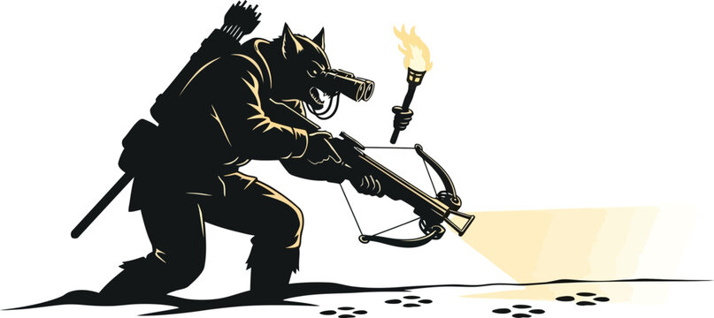 Vector art of a wolf warrior with a crossbow and torch, isolated on white background, embodying a dark fantasy character ready for adventure in a monochrome silhouette