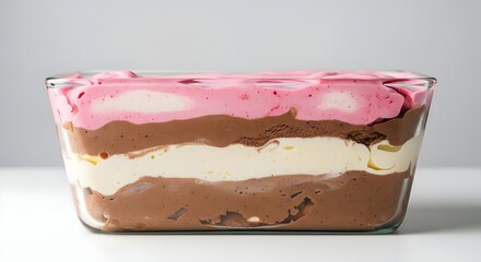 Delicious layered Neapolitan ice cream dessert in a glass dish, studio shot