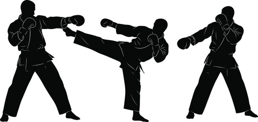 Obraz premium Vector art of silhouettes of karate fighters performing kicks and punches isolated on white background, showcasing martial arts techniques and action