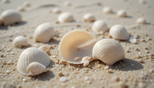 Close-up of pale seashells on soft sandy beach