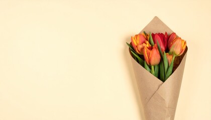 Vibrant Firefly Tulip Bouquet Wrapped In Brown Kraft Paper Against Light Cream Background