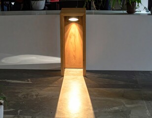 Wooden Spotlight Frame Casting Vertical Light Beam Creating Dramatic Shadows on a Floor
