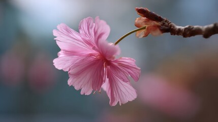 Obraz premium A pink cherry blossom petal captured mid-air during detachment, slightly rotating, with the stem still visible on the branch above.